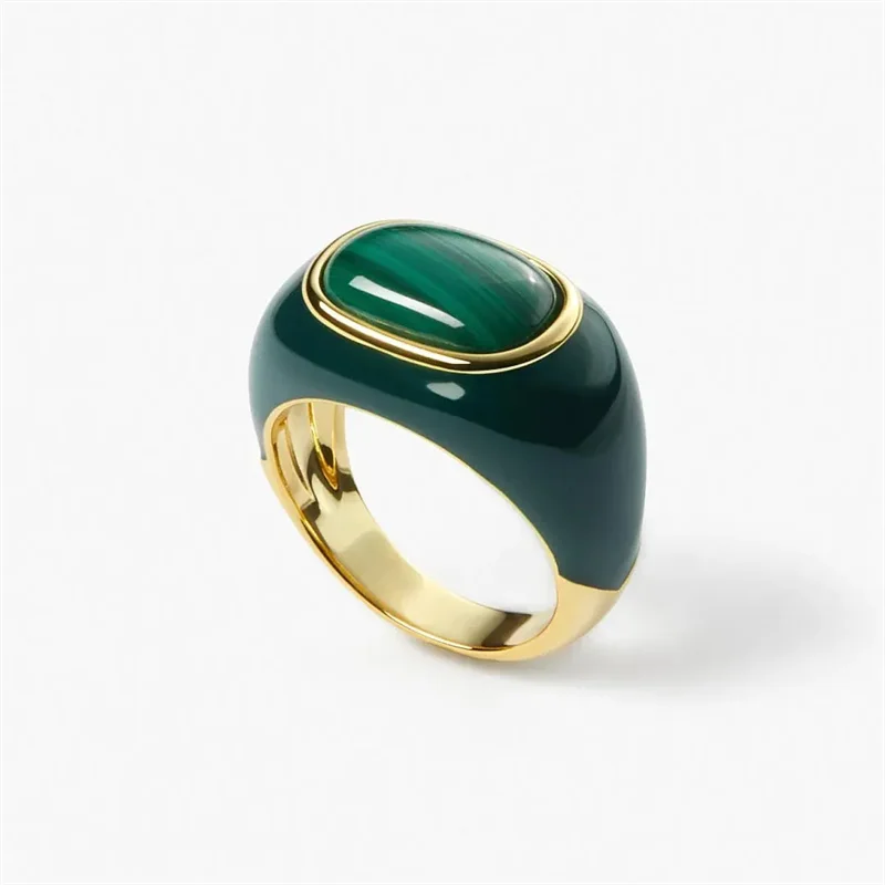 

French Ins High-quality Natural Malachite White Fritillary Drop Glaze Ring Niche Simple Fashion Charm Trendy Jewelry