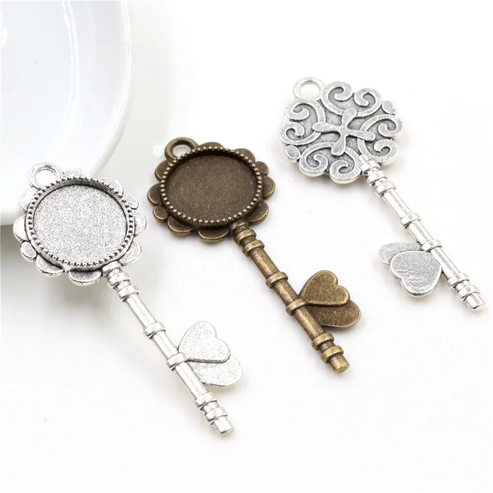 10pcs 14mm Inner Size Antique Bronze And Silver Plated Key Style Cabochon Base Cameo Setting Charms Pendant