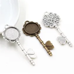 10pcs 14mm Inner Size Antique Bronze And Silver Plated Key Style Cabochon Base Cameo Setting Charms Pendant