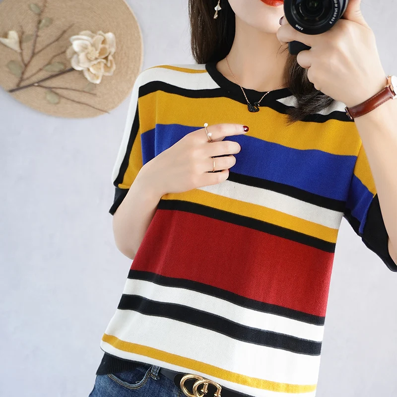 

2023 new rainbow striped short sleeve T-shirt women's crewneck cotton hemp bump color loose thin cotton bottoming short top