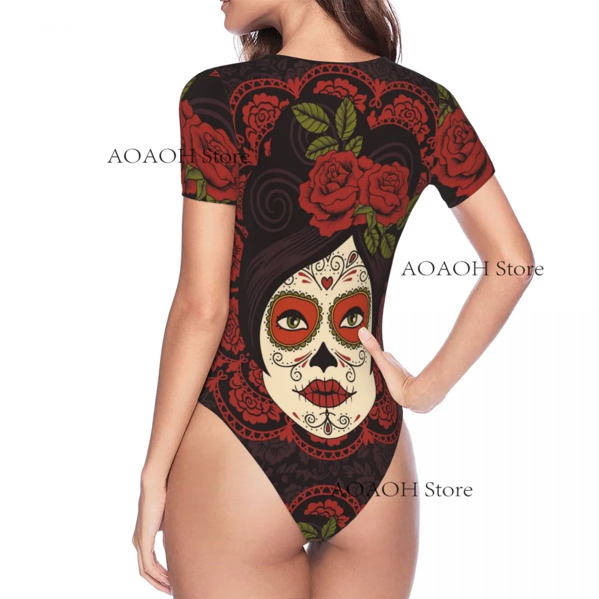 섹시한 여성 점프 슈트 여성 Romper Bodysuit Sleeved Sugar Skull 소녀 여성 의류 꽉 작업복