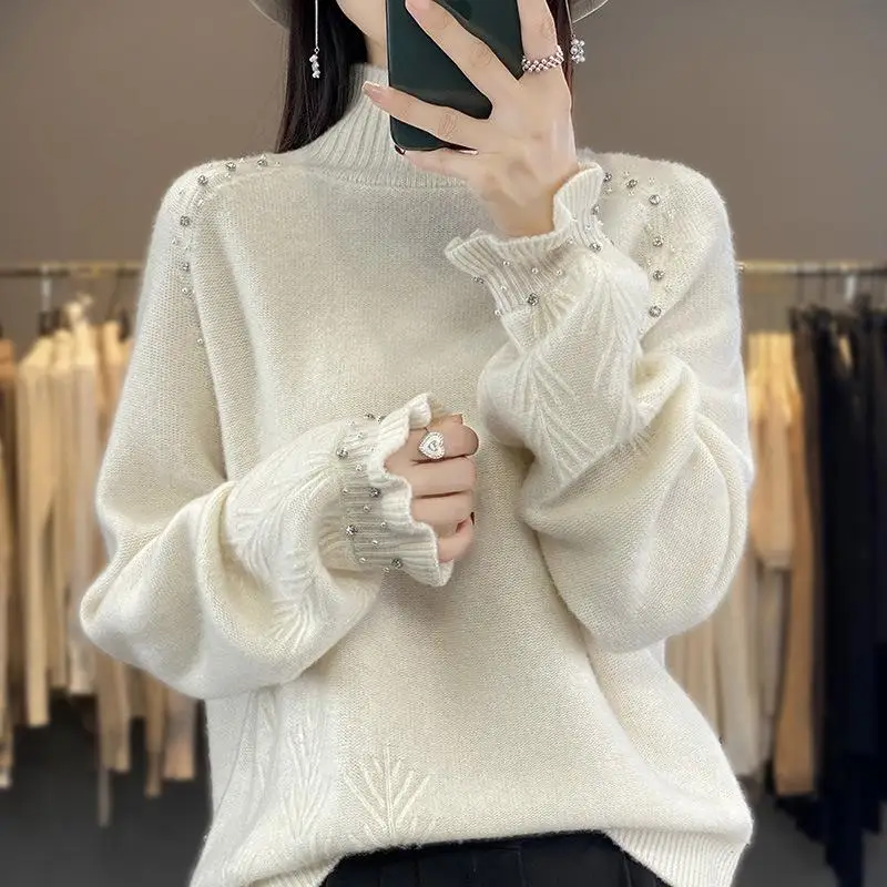 

Dimanaf 2024 Winter Sweaters Autumn Women Solid Print Turtleneck Bat Sweaters Knitting Loose Sweater