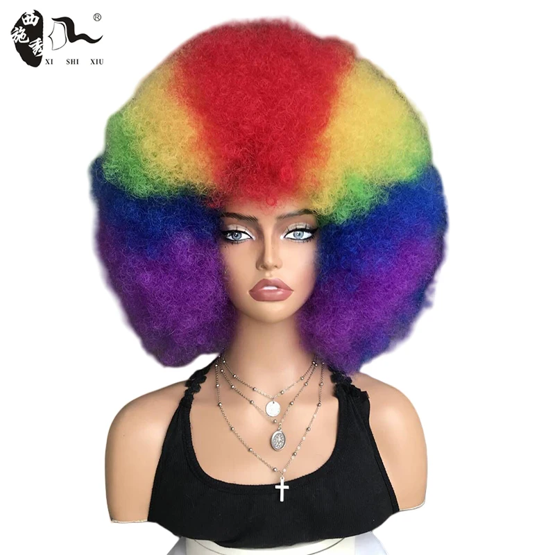 Short Bomb Rainbow Clown Afro Curl Hair Synthetic Wig For Black Women High Temperature Halloween Cosplay Costume Party Funny Wig