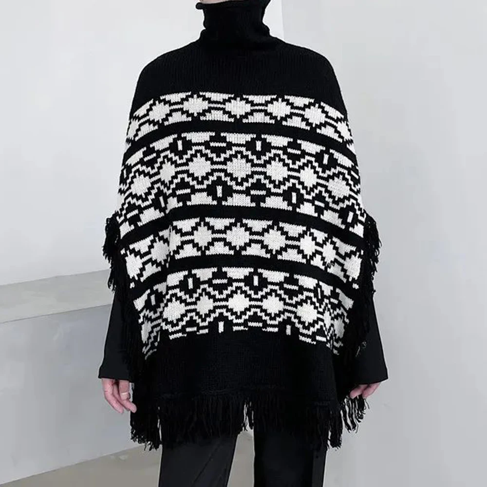 Mens Personalized Turtleneck Tassel Shawl Sweater Genderless Dark Style Geometric Pattern Jacquard Trendy Loose Cloak Unisex