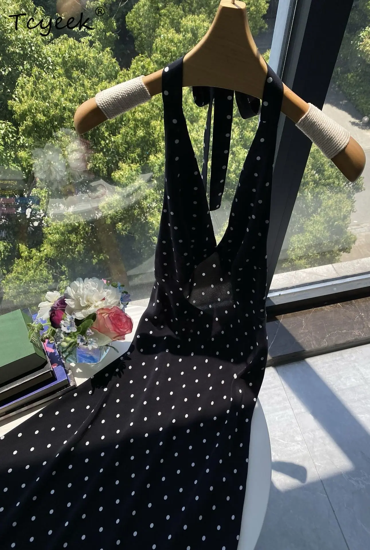 Tcyeek, 17MM 100% 진짜 실크 우아한 드레스, 여성 홀터 꽃 프린트, 휴가 패션 섹시한 드레스, 2025 여름 가을 D46812QM