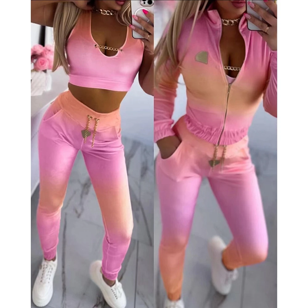 Summer Women Three Pieces Geometric Pattern Ombre Chain Decor Top & Pocket Design Pants Set With Zipper Design Coat