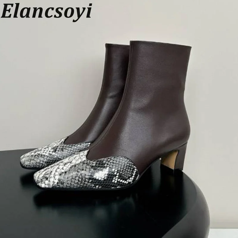 Women's Snake Patterned Genuine Leather Zipper Design Short Boots Square Toe High Heel Ankle Botas Spring Autumn Modern Boots