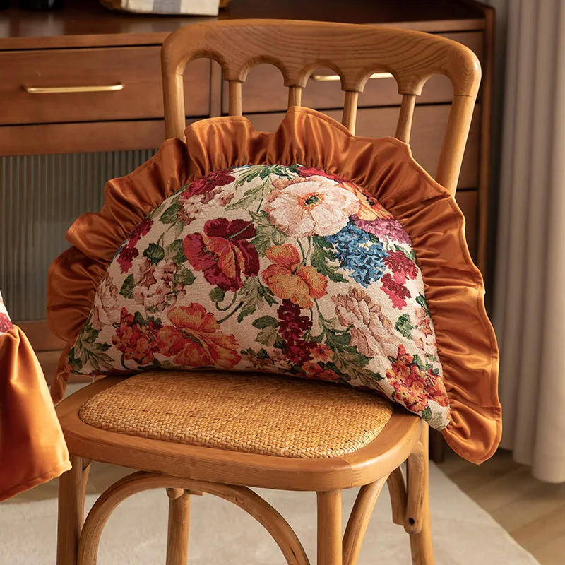Retro ruffled edge floral pattern dumpling shaped throw pillow sofa back cushion backrest