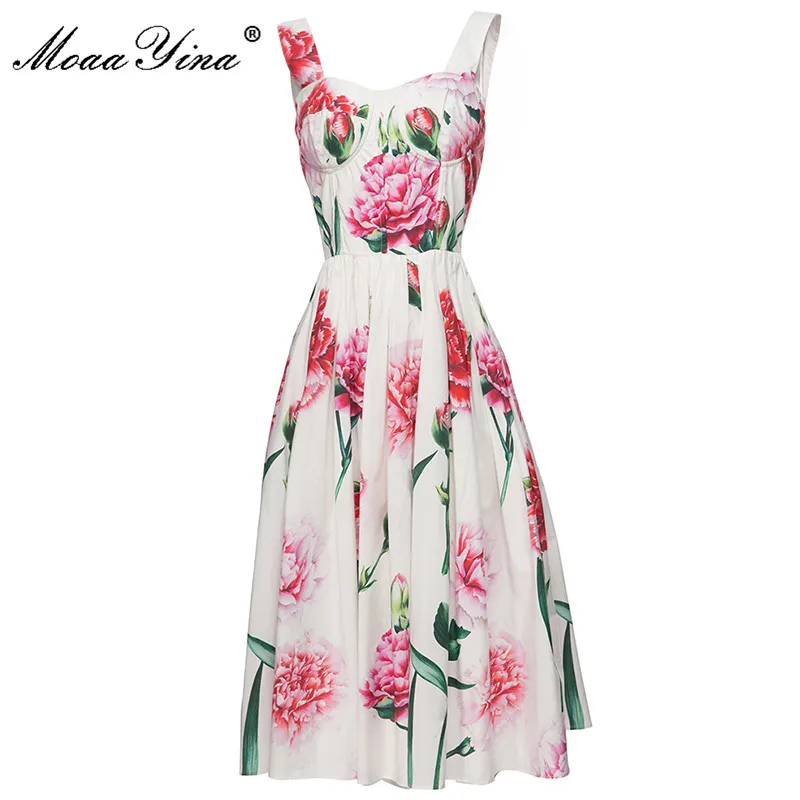

MoaaYina New Summer Fashion Runway Dress Woman's Spaghetti Strap Rose Floral Printed Casual Cotton Dresses