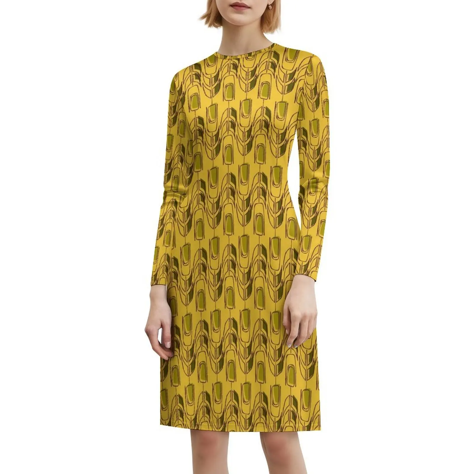 فستان بوهيمي حديث بدون أكمام من القمح للنساء مطبوع فساتين حفلات الشاطئ القمح الحديثة الاسكندنافية فساتين نسائية في منتصف القرن #6