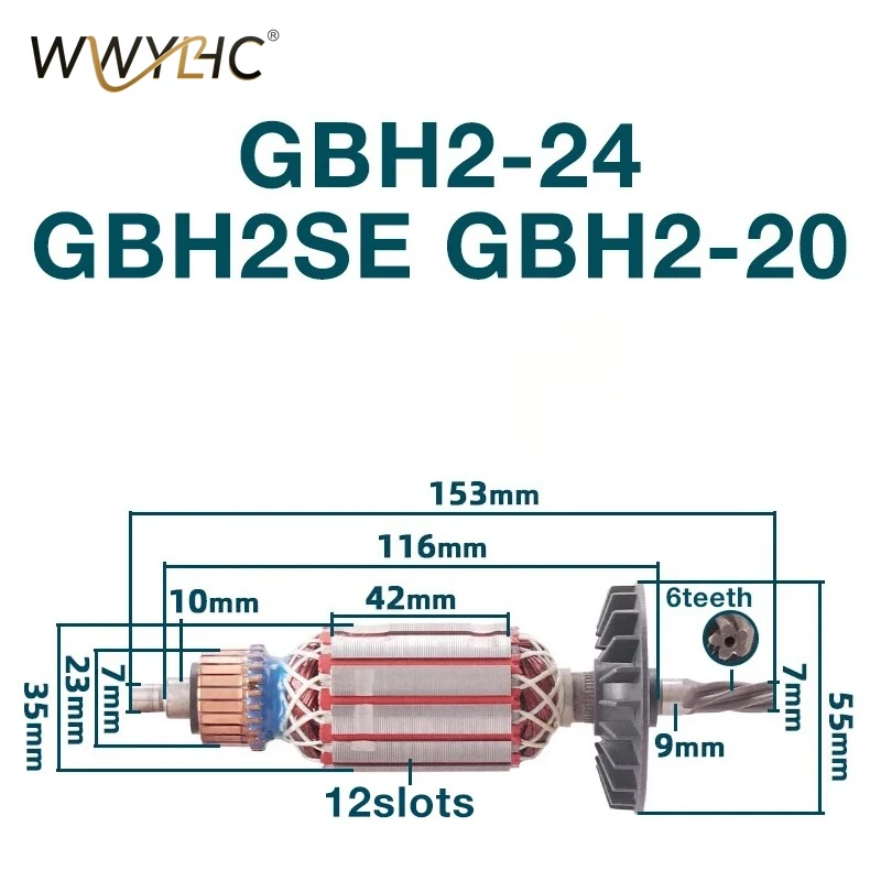 

Ротор AC220-240V для GBH2-24 DRE GBH2-20, 6 зубьев, для перфораторов, якорь, статор, катушка, запасные части