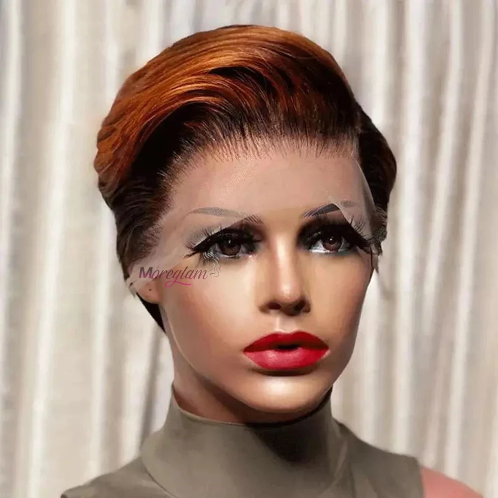 Braune Pixie-Cut Echthaarperücken für Frauen, Brasilianisches Blondes Ombre Kurzes Echthaar, Gerade Perücke mit Highlights, Vorgezupft – Detail 3