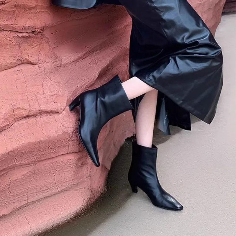 Ankle Boots Kitten Heel Ladies Winter Shoes Sheepsuede Spring Autumn Women Boots Sip On Leather Winter Shoes Square Toe Size 43