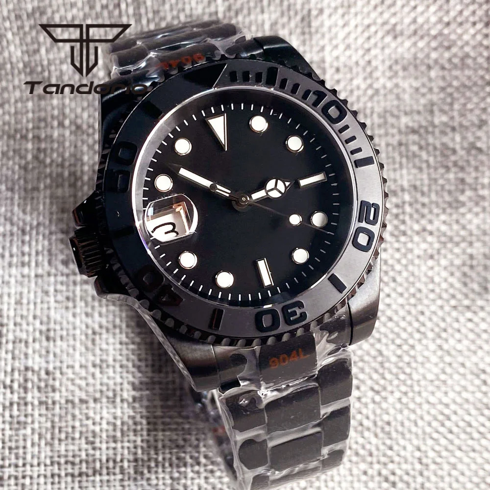 

Black PVD 40mm Left-Handed 9 o'clock Crown NH35 Automatic Watch for Men Black Sterile Dial Date Rotating Bezel Sapphire Glass