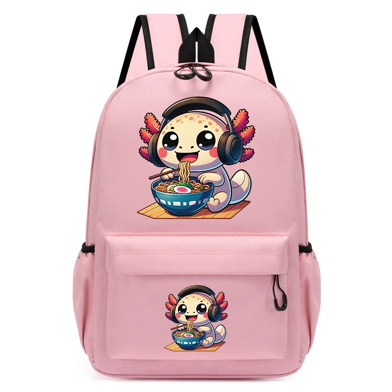 Axolotl infantil comendo Ramen Noodles Cartoon Backpack, Lovely Kindergarten Schoolbag para crianças, bebê, meninas