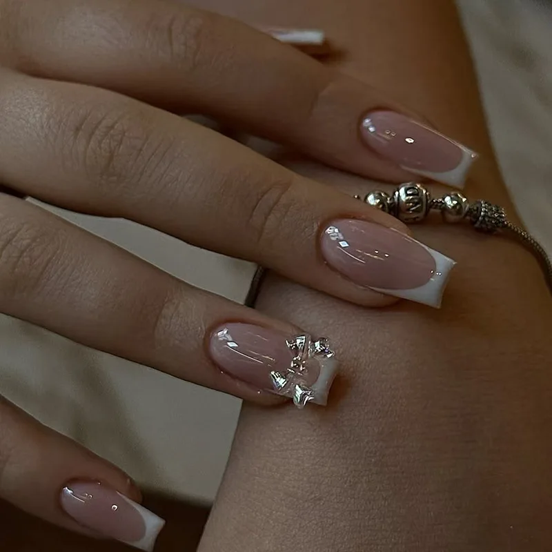 24 Uds. De ojos de gato rosa, uñas postizas de longitud media, arte de uñas postizas de ballet francés con diseño de mariposa, puntas de manicura duraderas