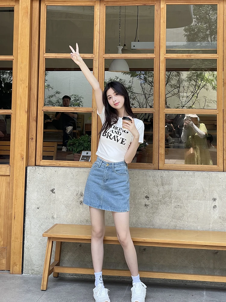 

Юбка Hellokay с высокой талией, А-силуэт, женская, летняя, новая, джинсовая, облегающая, однотонная, простая, с запахом