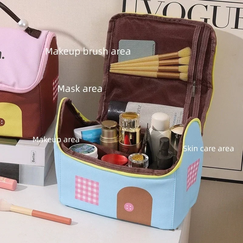 1 Stück kleine Kosmetiktasche im Hausdesign, große Kapazität mit Fächern, Handtasche mit doppeltem Reißverschluss, ideal zum Packen von Reisegepäck, tragbare Aufbewahrungstasche für Reisen. – Detail 3