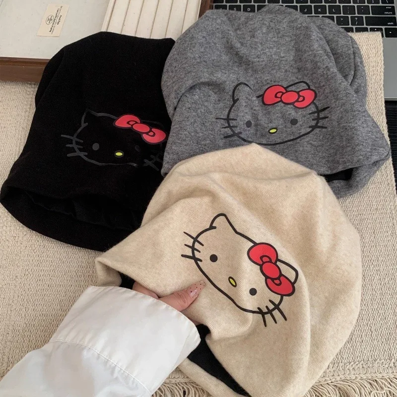 

Шапка-бини Sanrio с милым мультяшным котёнком, для большого обхвата головы, с эффектом уменьшения лица, свободная, в стиле баотоу, для защиты от холода.