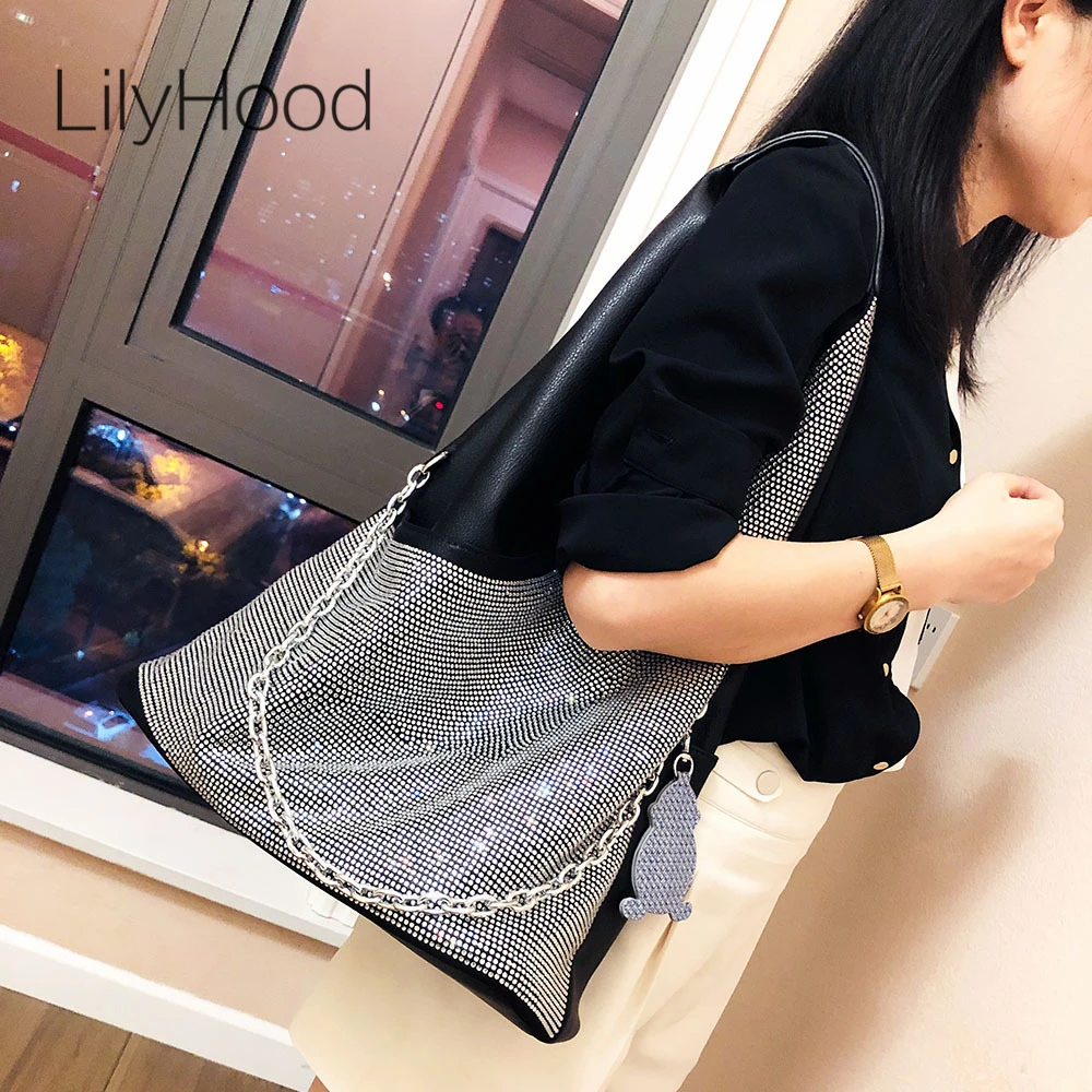 

Female Vegan Leather Rhinestone Big Capacity Laptop Work Slouchy Bag Luxuri Designer Shiny Diamonds Chain Commuter Pouch Bag