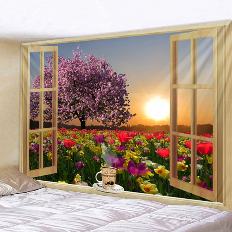 3D Three-Dimensional Window Scenery Wall Hanging Tapestry Art Decoration Blanket Curtain Home Bedroom Living Room Decoration