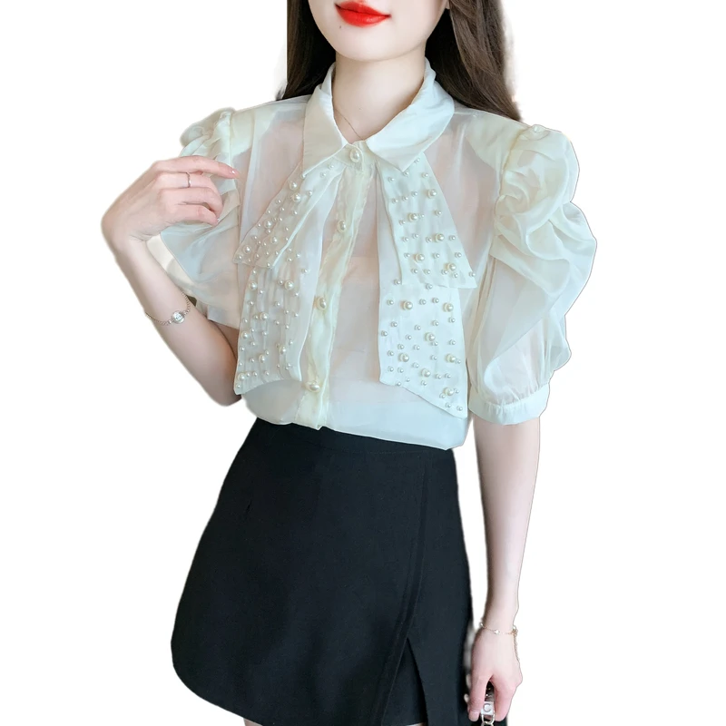 Summer Women\'s Polo Neck Beading Loose Gauze Shirt Office Lady Single-Breasted Puff Short Sleeve Black White Blouses Tops