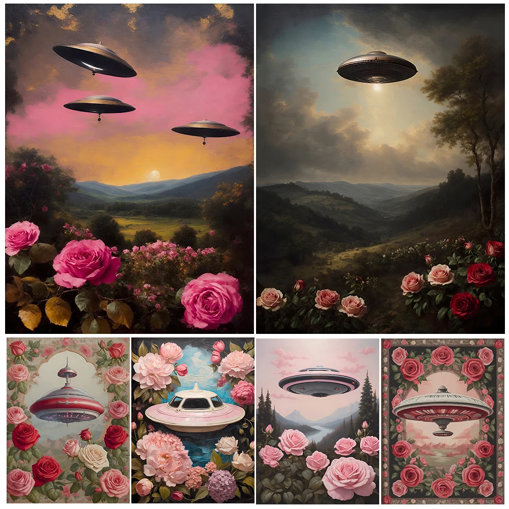 

Moody Ufo And Wild Rose Vintage Wall Art Canvas Painting Surreal Alien Spacecraft Fantasy Art Poster Print Home Decor Unframed