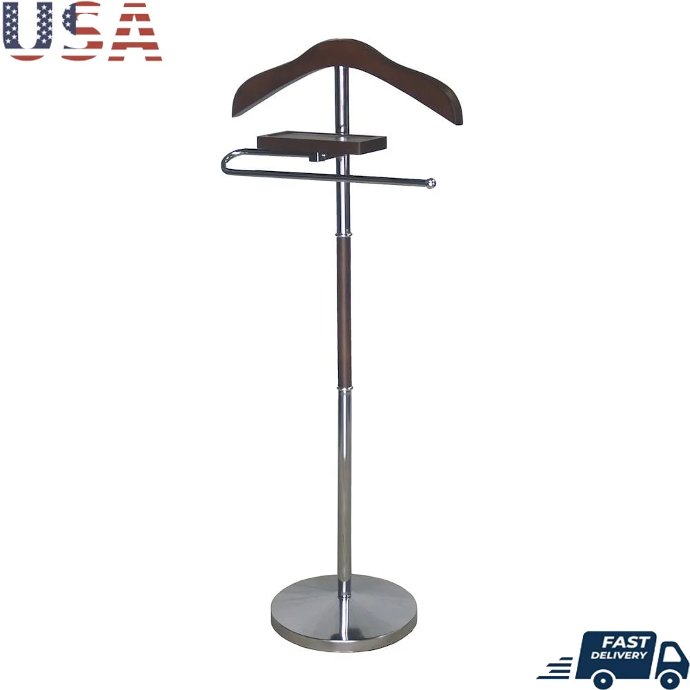 

Modern Chrome Steel Walnut Wood Valet Stand with 8 Inch Tray Hooks Storage Easy Assembly Stable Base
