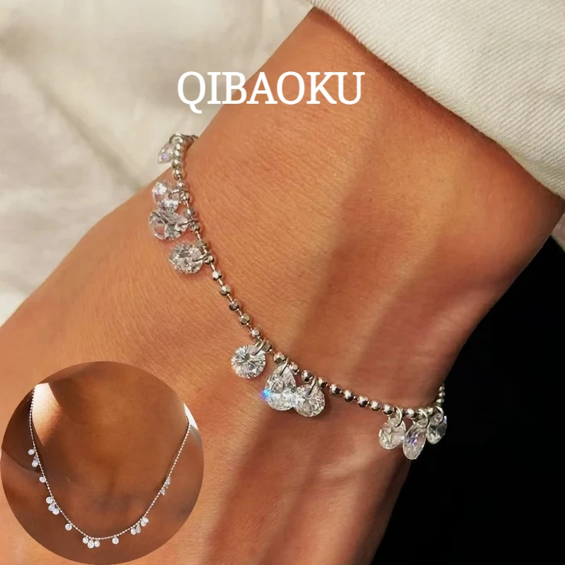 QIBAOKU 100% S925 Silver High Carbon Diamond Bead Bracelets Necklace Sparkling Zircon Hand Chain for Women Party Fine Jewelry