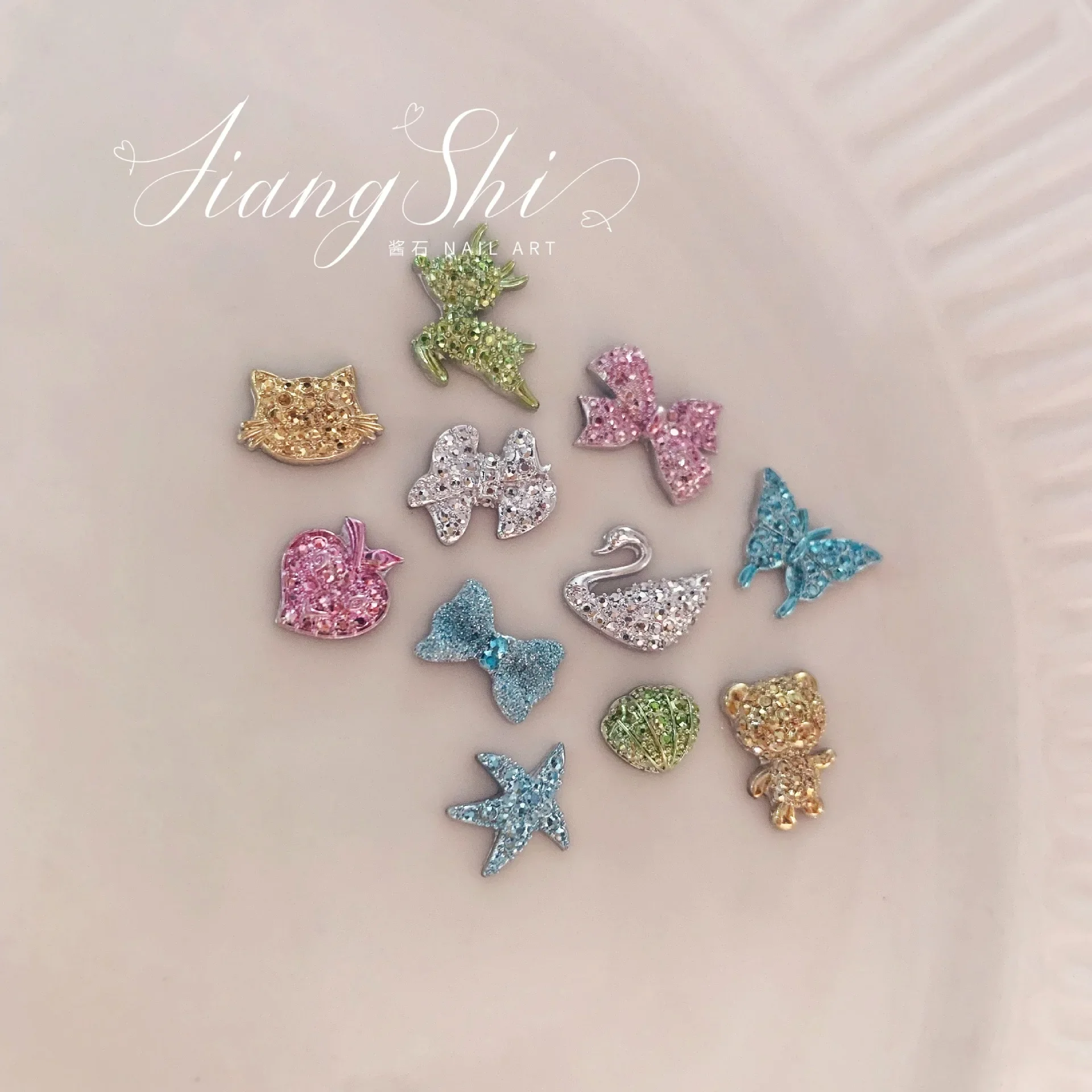 50pcs/Bag Kawaii Mini Colorful Stars Bownet Swan Diamond Rhinestone Luxury Cute Nail Art Decorations Macaron Color Nails Charms