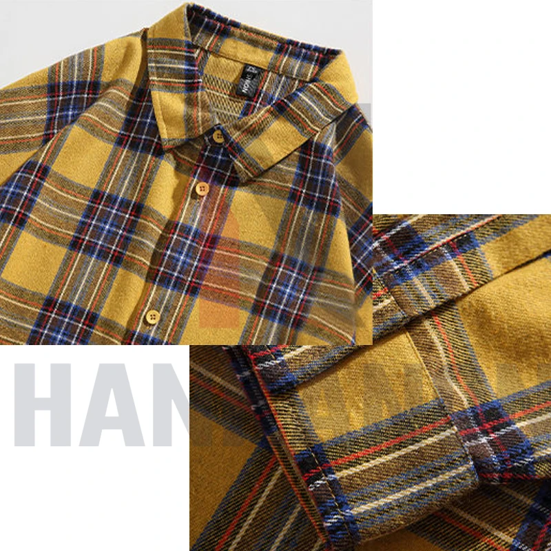 Plaid Shirt with Long Sleeves, Loose Fit, for Casual Men, Harajuku Style, Spring and Autumn Brushed Cotton Shirt.Oversized