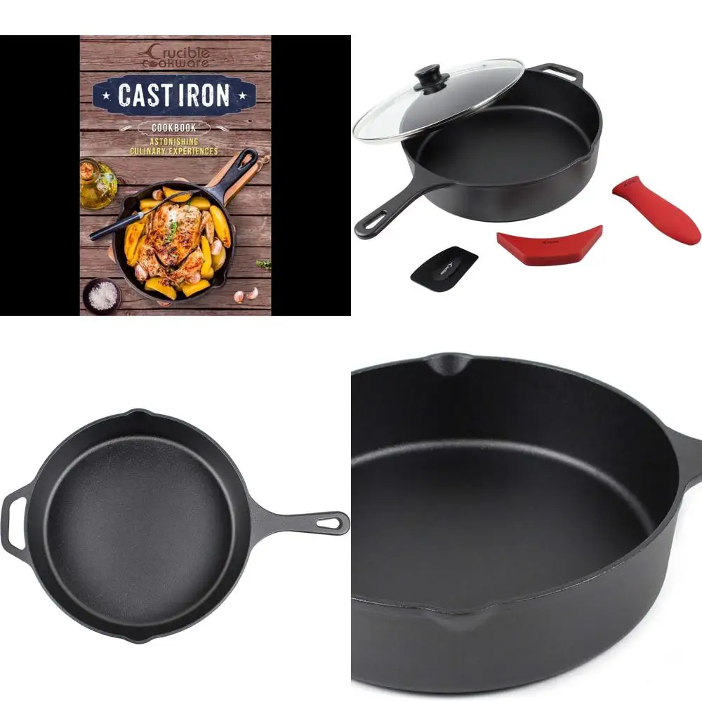 

12-Inch Pre-Seasoned Deep Cast Iron Skillet Set with Silicone Handle Holders, Glass Lid, and Scraper for Indoor/Outdoor Cooking