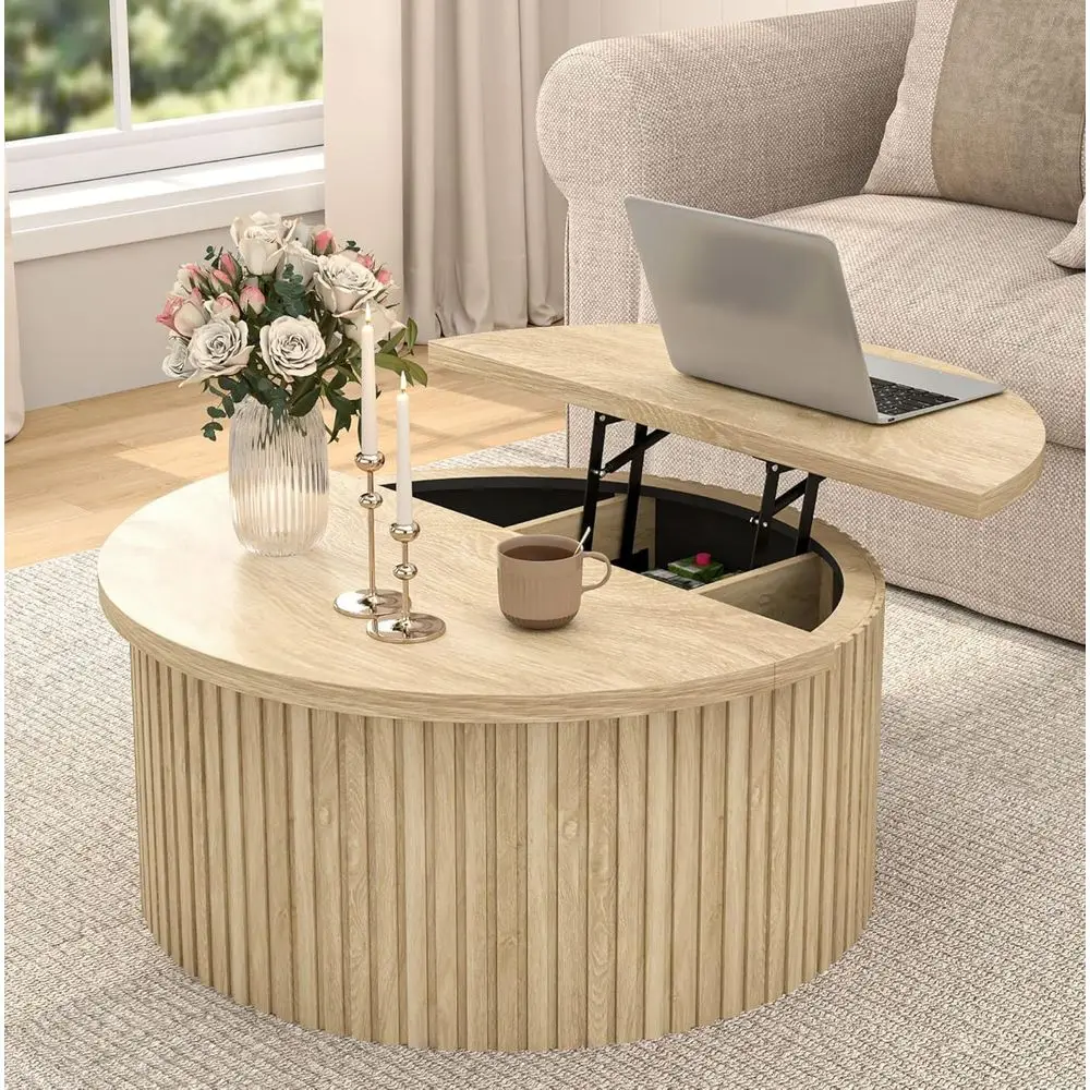 

Round Coffee Table with Storage, 34.6 Living Room Furniture, Wooden Center Table with Large Hidden Compartment (Wood Color)
