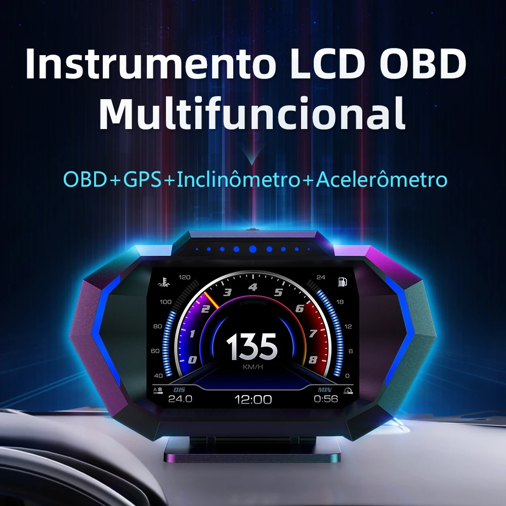 OBD + GPS HUD P24 Car OBD Head Up Display HUD a bordo Computador Digital Velocímetro Água Temp Consumo de combustível Inclinação Medidor OBD + GPS HUD P24 Car OBD Head Up Display HUD a bordo Computador Digital Velocíme