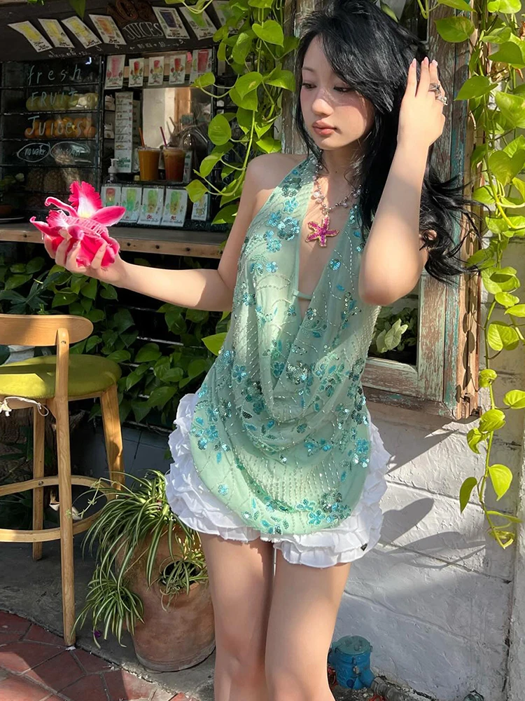 Weird Puss Sequin Patchwork Halter Tank Top Women Sexy Swing Collar Halter Backless Hollow Patchwork Trend Vacation Party Vest