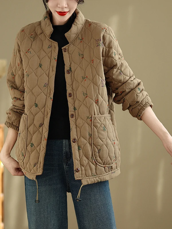 Jaket Wanita Katun Thiened Bergaya Retro Artistik, Motif Kasual Musim Dingin, Cocok Semua Musim, Kerah Tegak, Lengan Panjang, Kancing Tunggal