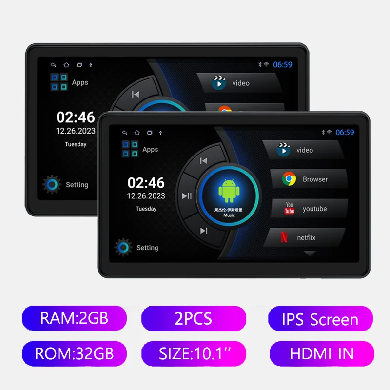 Incell 10.1 "Android 13 Auto Hoofdsteun Monitor Ultradunne Touchscreen Voor Achterbank Multimedia Speler Carplay Omgevingslichten BT