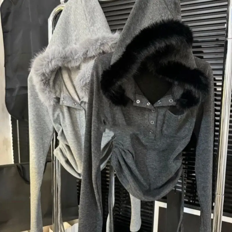 Korean Fashion Sweatshirts Harajuku Gothic Printed Coats Jackets Subculture Vintage Faux Fur Hooded Women Casual Y2k Clothing