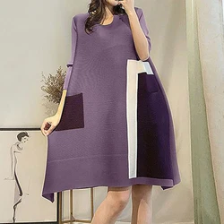 Pleated color blocking dress 2022 new casual loose skinny fashion dress women  Polyester  A-LINE  Mid-Calf  O-Neck