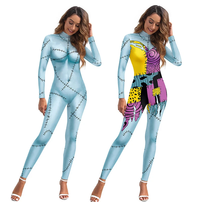 

Halloween Costume for Women Cosplay Movie Role Sally Digital Print Jumpsuit Bottoms Female Christmas Costumes Ladies Bobysuit