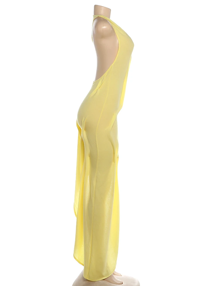 Sisterlinda Trend Mode Sexy Langes Kleid Damen Rückenfrei O-Ausschnitt Ärmellos Unregelmäßiger Saum Urlaub Gerafftes Elegantes Kleid – Detail 4