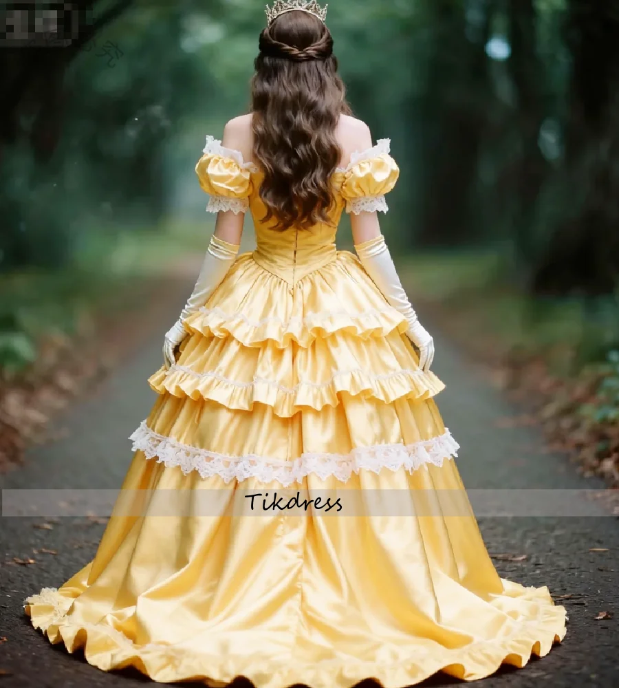 Robe de soirée victorienne jaune Marie Antoinette, manches courtes, Costume à plusieurs niveaux, robe de bal en dentelle, Vintage, fête de la Renaissance médiévale