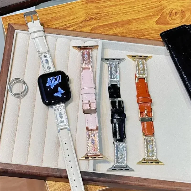 

Diamond studded metal flower genuine leather compatible iWatch strap 38mm40mm41mm 42mm 44mm 45mm 49mm fashionable handmade strap