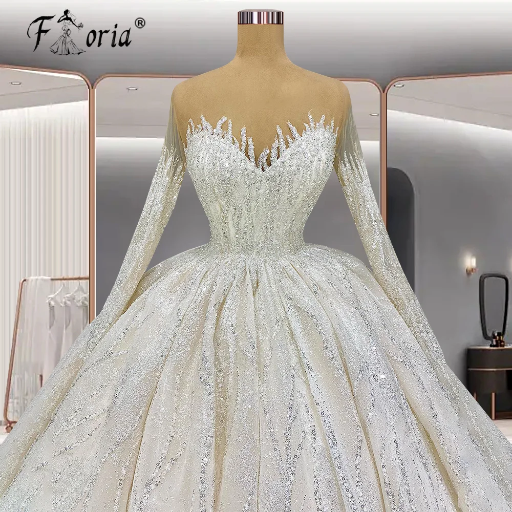 Gorgeous Women's Lace Sequin Wedding Dresses A Line Floor Length Bridal Dress Sheer Neck Dubai Muslim Vestido Noiva Court Train