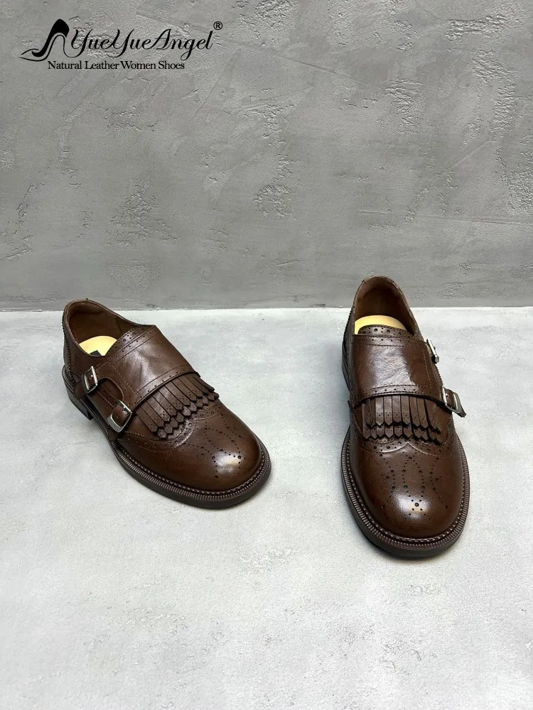 British Ladies Genuine Leather Chunky Heel Pumps Versatile Solid Color Cowhide Round Toe Buckle Strap Tassel Loafers Footwear