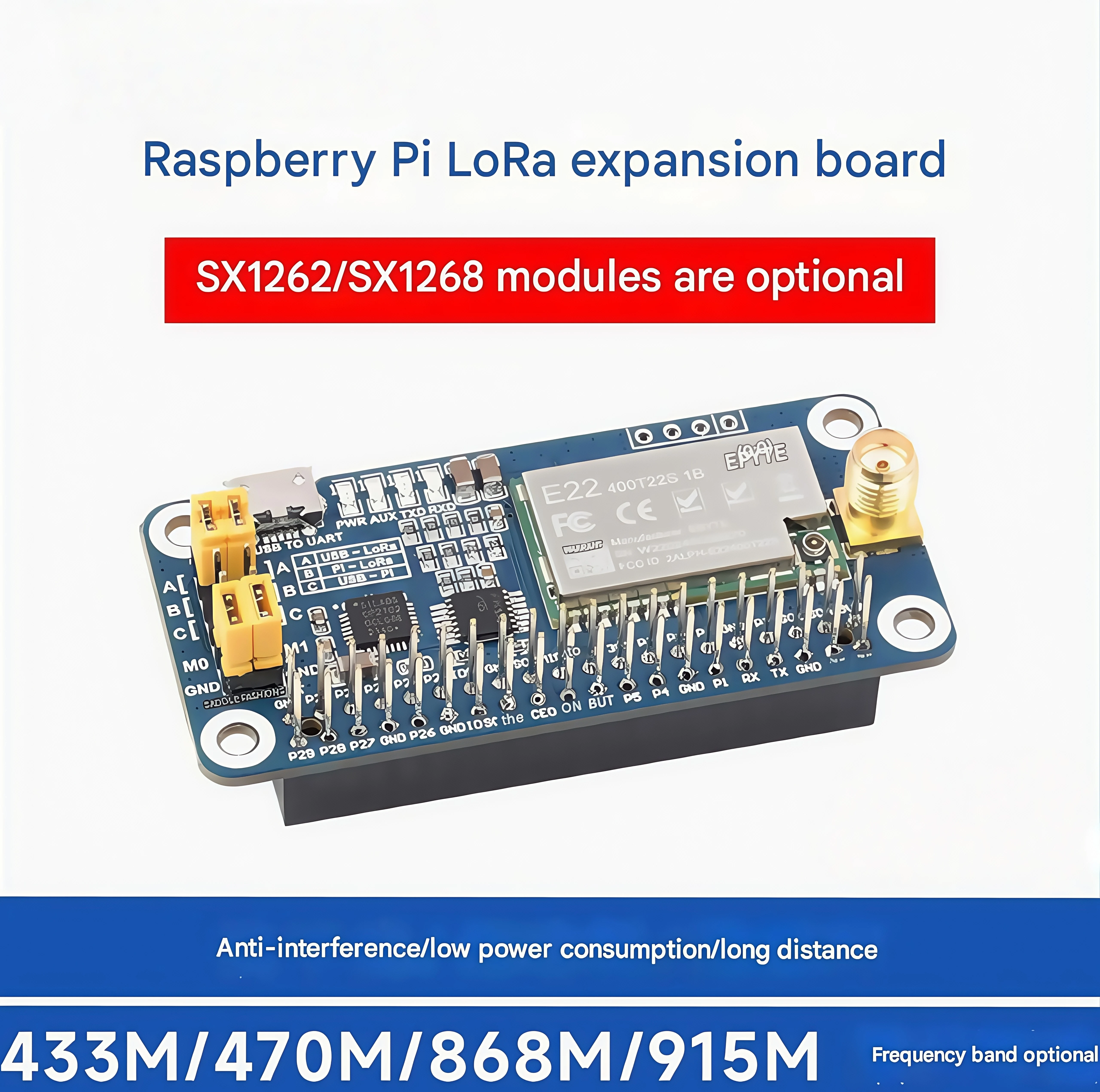 

Плата расширения Waveshare Raspberry Pi SX1262/SX1268 LoRa с вариантами 433 МГц/470 МГц/868 МГц/915 МГц