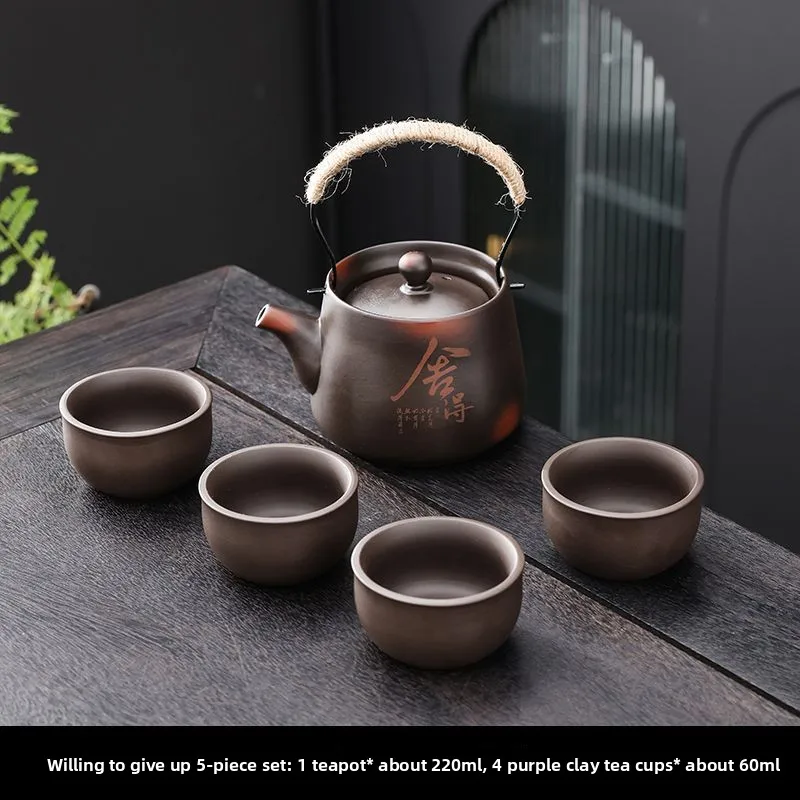 Purple Clay Teapot with Handle Handmade Travel Tea Set Including 1 Teapot  4 Cups Purple Clay Teacups Handheld Teapot