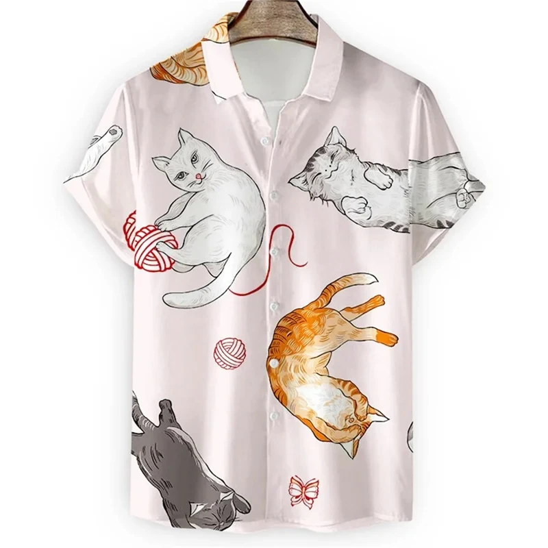 Cute 3d Cartoon Cat Print Shirt For Men Cool Summer Short Sleeve Button Loose Hawaiian Shirt Holiday Beach Shirt Kids Clothing