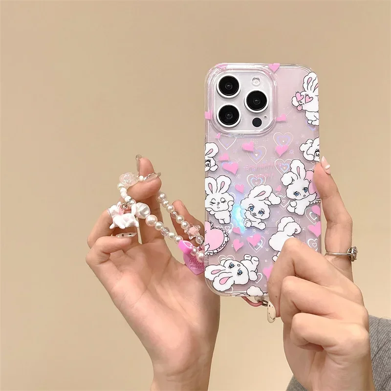 

Cartoons Love Rabbit Phone Case For iPhone 15 Pro 14 13 16Pro Max 16 pro Cover With Cute Chain Shockproof Cases for 16 15 Kawaii