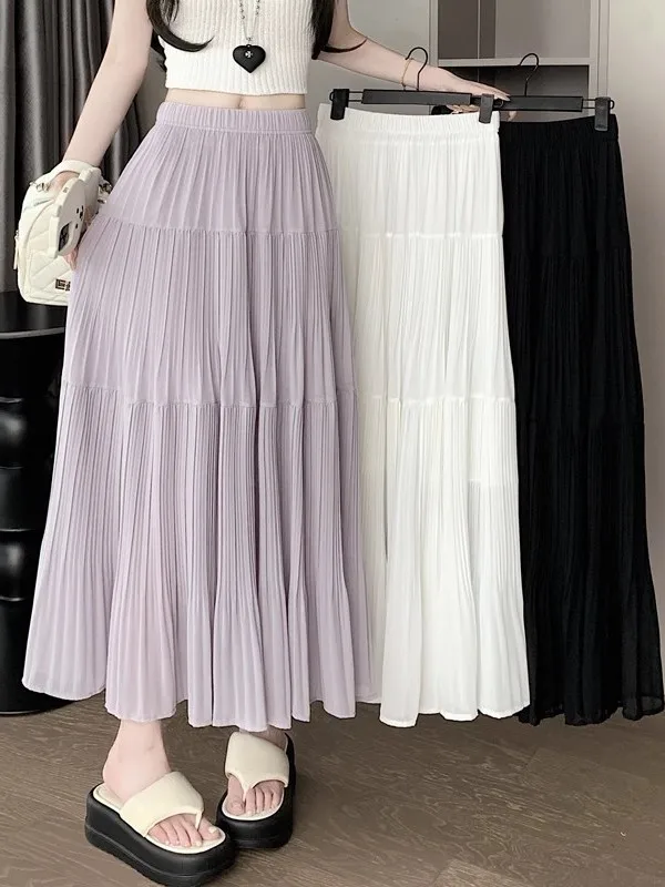 

Повседневная женская шифоновая юбка А-силуэта с высокой талией, летняя новинка, стройнящая, струящаяся, плиссированная, длинная юбка-солнце